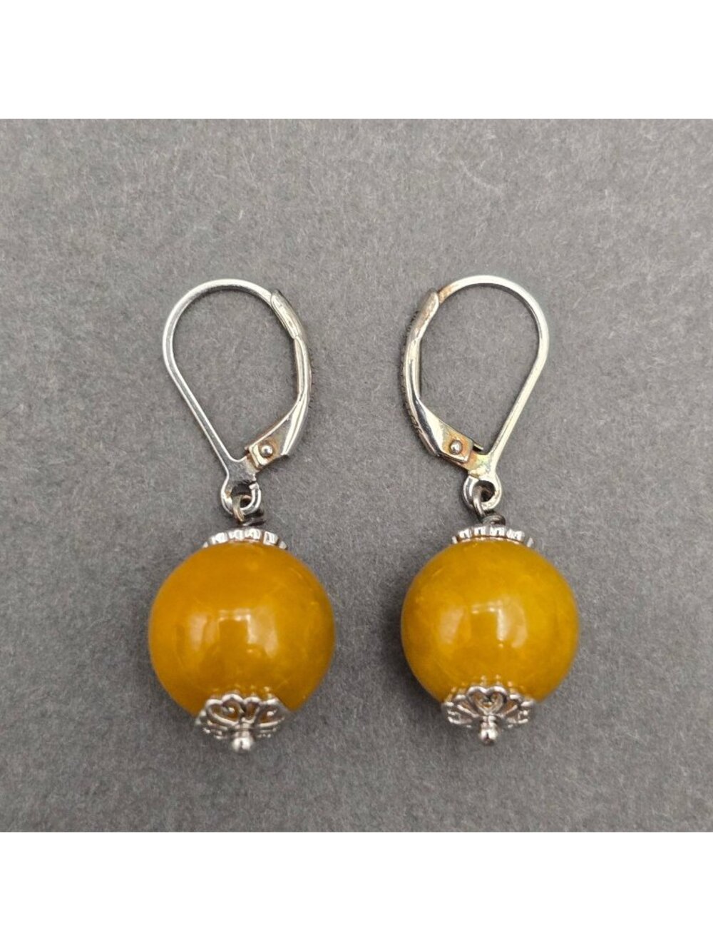 Sterling Silver Yellow Jade Earrings 1.25" Drop Leverback Gemstone